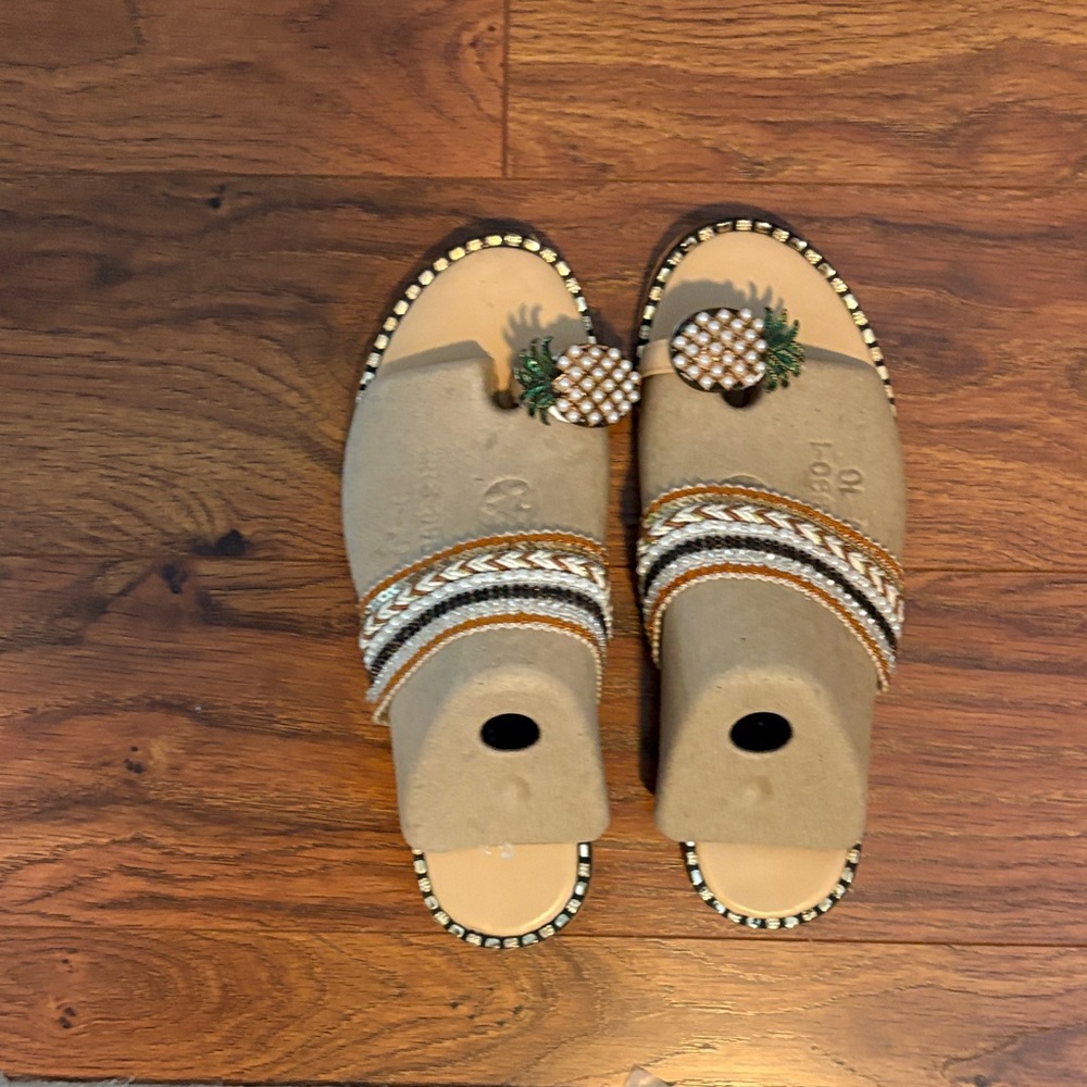 Elegant Beaded Tan Slide Sandals
